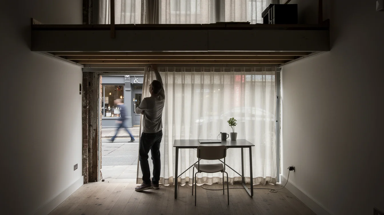 Editorial photograph from the darker rear of a plausible shop-to-home conversion, looking beneath an intermediate platform.