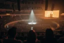 Editorial photograph from the upper seating bowl of an indoor concert arena during a pop performance.