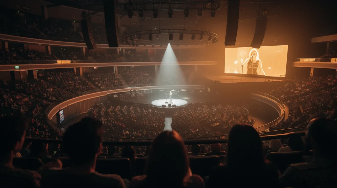Editorial photograph from the upper seating bowl of an indoor concert arena during a pop performance.