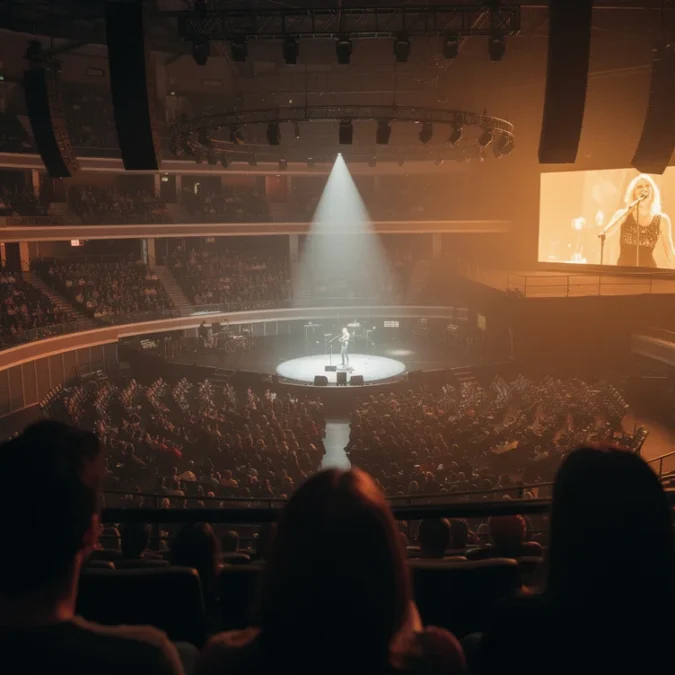 Editorial photograph from the upper seating bowl of an indoor concert arena during a pop performance.