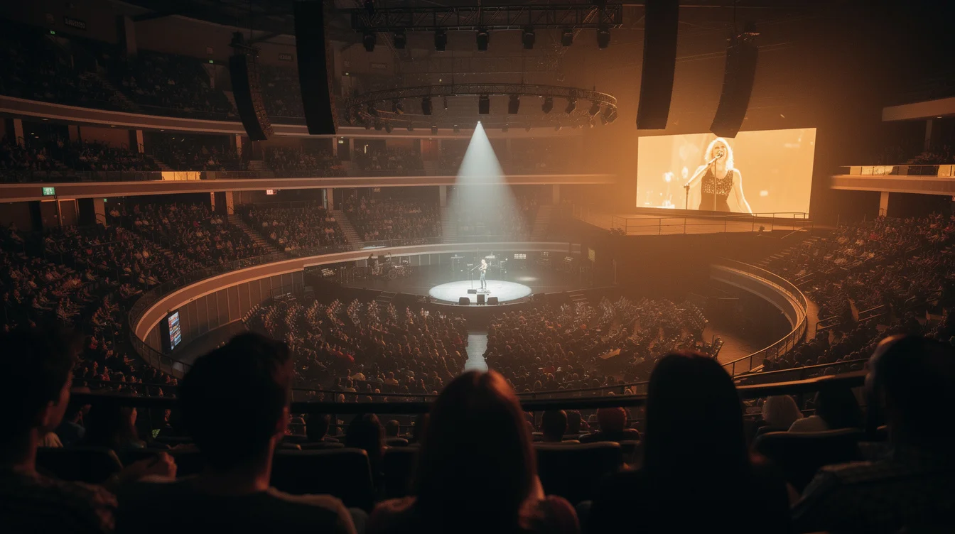 Editorial photograph from the upper seating bowl of an indoor concert arena during a pop performance.