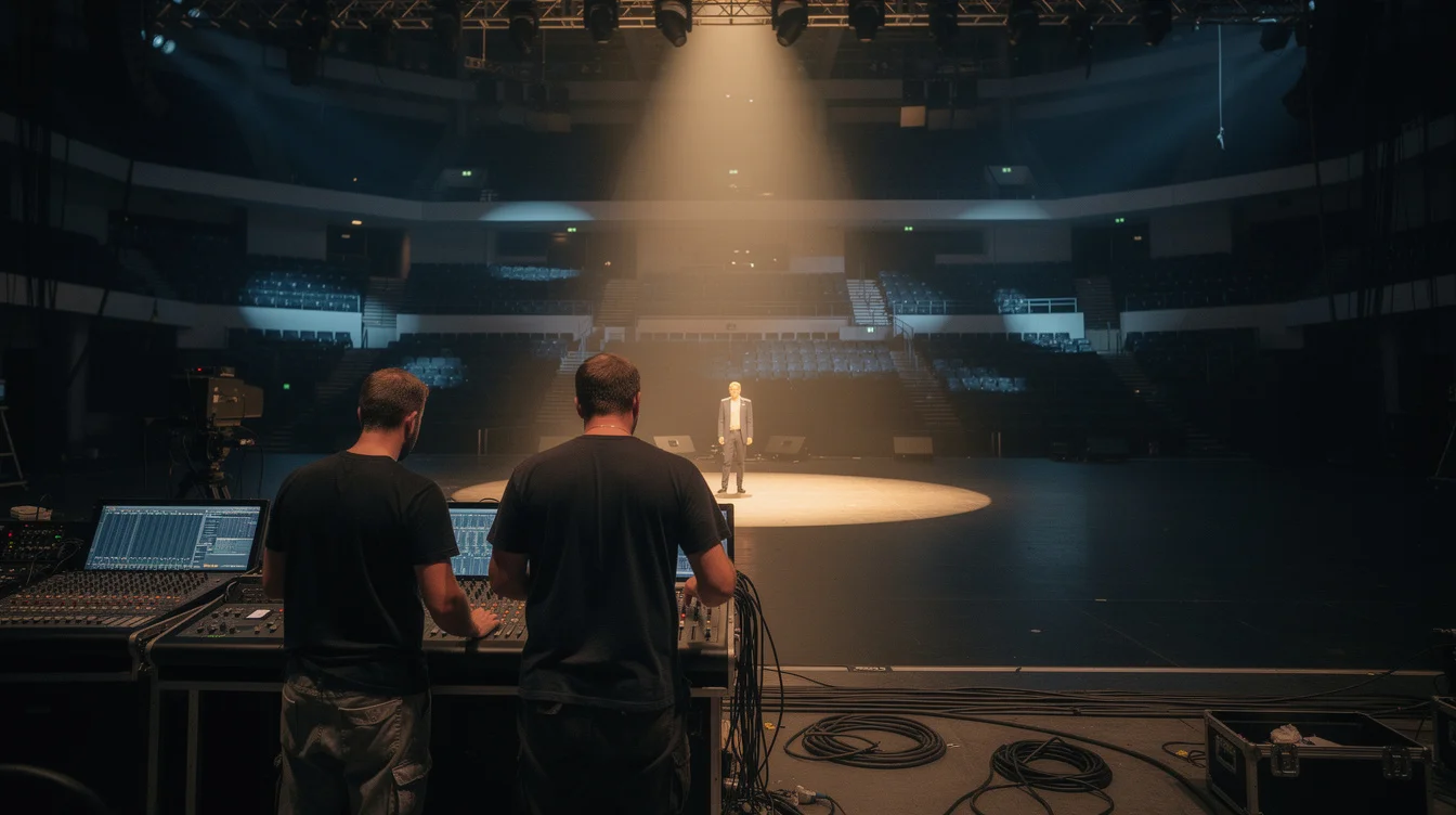 Editorial photograph during a lighting rehearsal in an indoor arena, two anonymous lighting crew members studying.