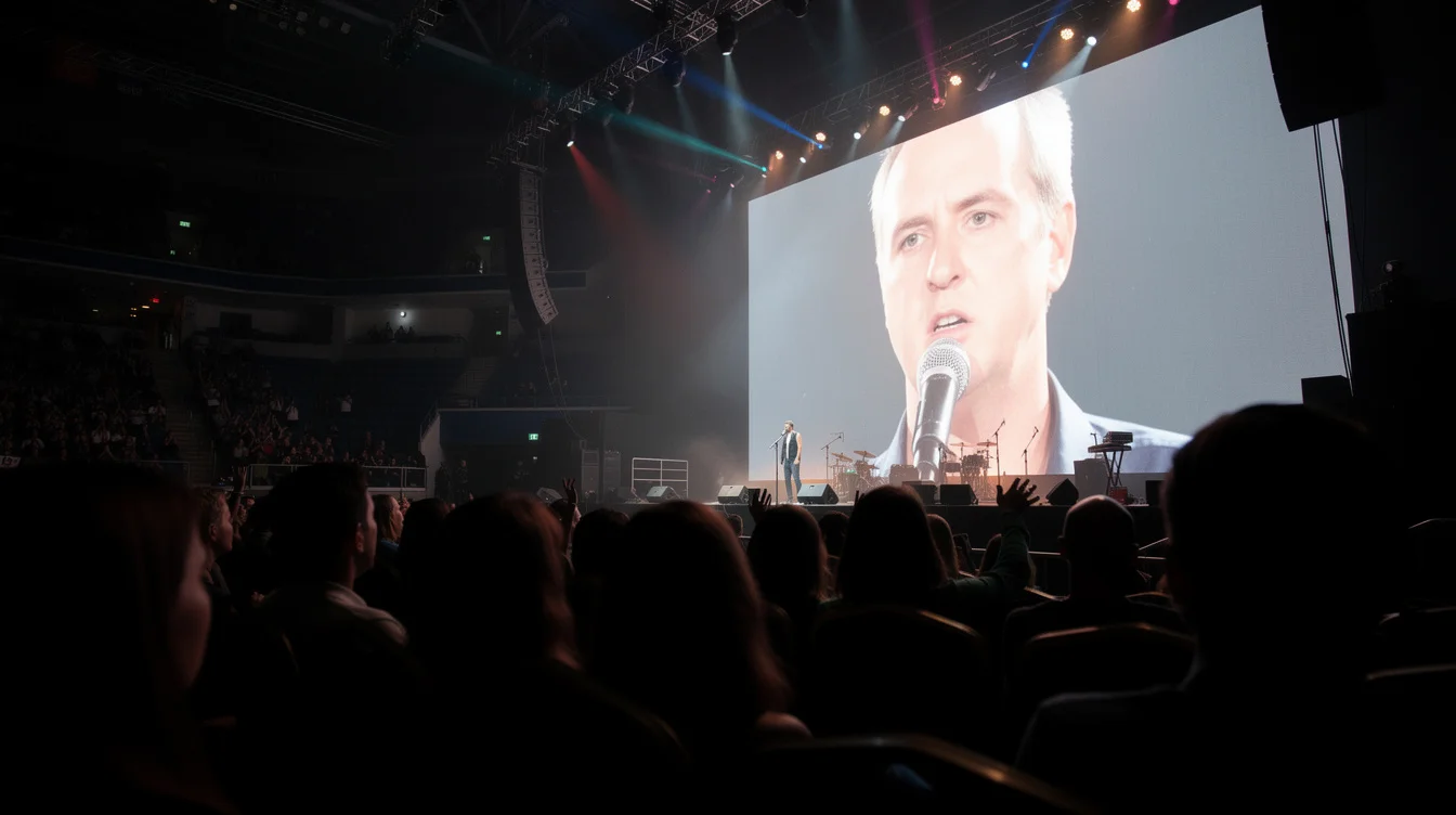 Editorial photograph from a sharply angled rear-side seat during an arena concert, spectators in the foreground.