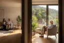 Editorial photograph of a contemporary senior living interior on Barcelona’s urban edge beside Collserola Natural Park..