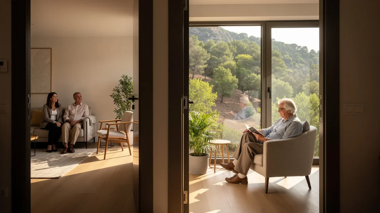 Editorial photograph of a contemporary senior living interior on Barcelona’s urban edge beside Collserola Natural Park..