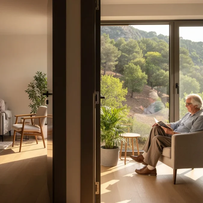 Editorial photograph of a contemporary senior living interior on Barcelona’s urban edge beside Collserola Natural Park..