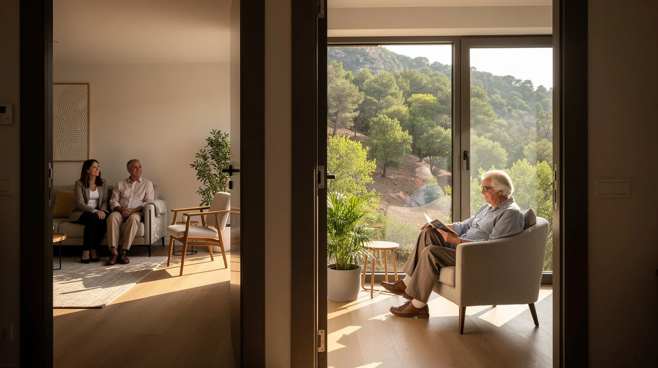 Editorial photograph of a contemporary senior living interior on Barcelona’s urban edge beside Collserola Natural Park..