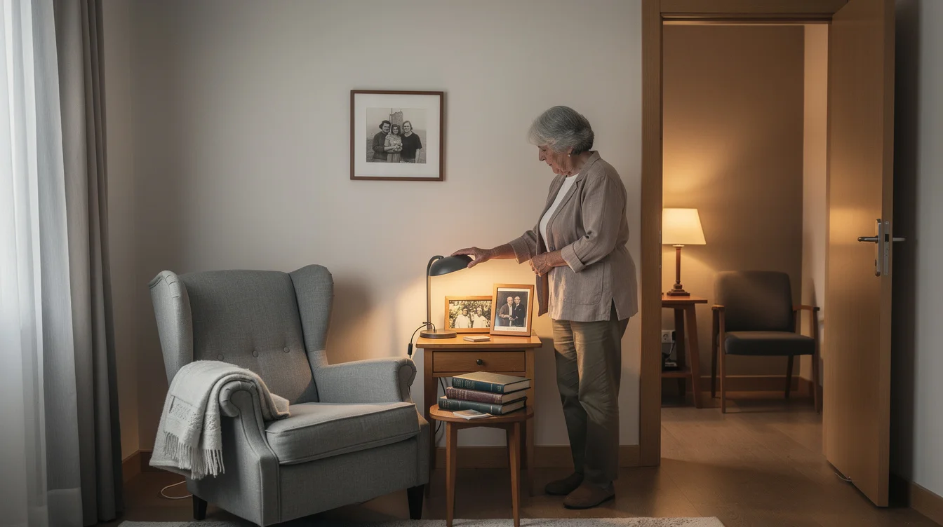 Editorial photograph inside a senior living bedroom in Barcelona near the Collserola foothills. An older woman.