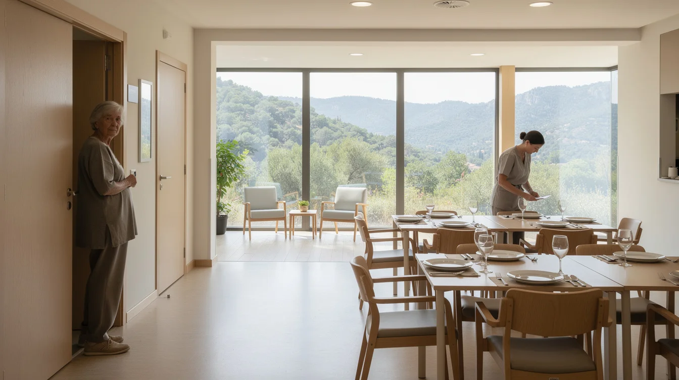 Editorial photograph in a contemporary senior residence at the edge of Barcelona, with Collserola greenery visible.