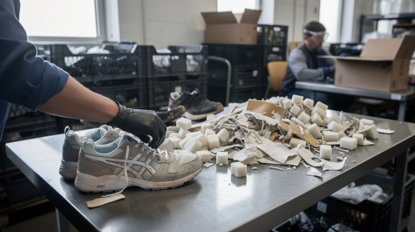 Editorial photograph inside a footwear material-sorting workspace, illustrating the ASICS deadstock and sample-footwear context. Gloved hands.