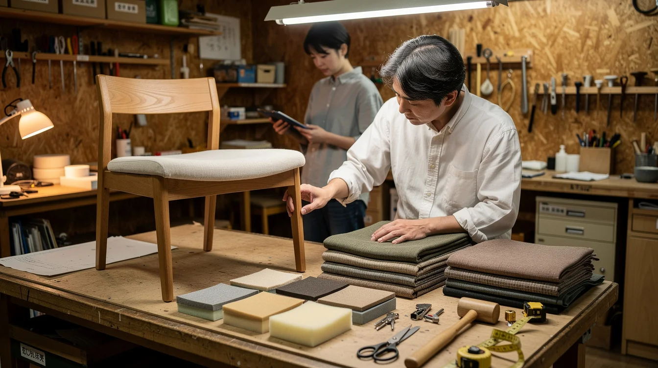 Editorial photograph of an illustrative furniture-repair assessment in a modest Japanese workshop: an upholsterer examines.