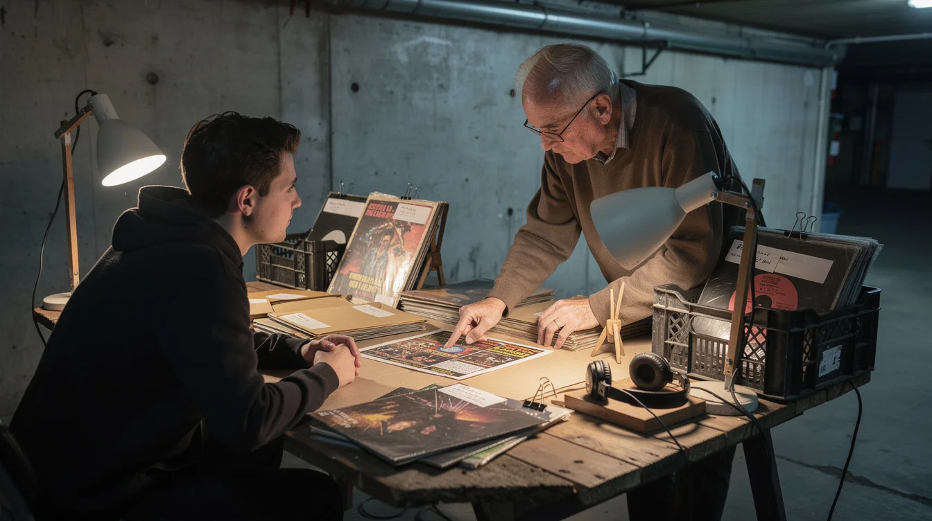 Editorial photograph of a small intergenerational group examining techno flyers and vinyl sleeves at a temporary.