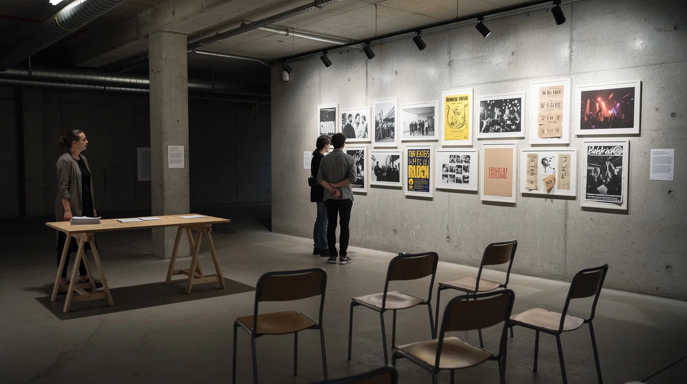 Wide editorial photograph in an industrial basement exhibition setting in East Berlin, exploring the tension between.