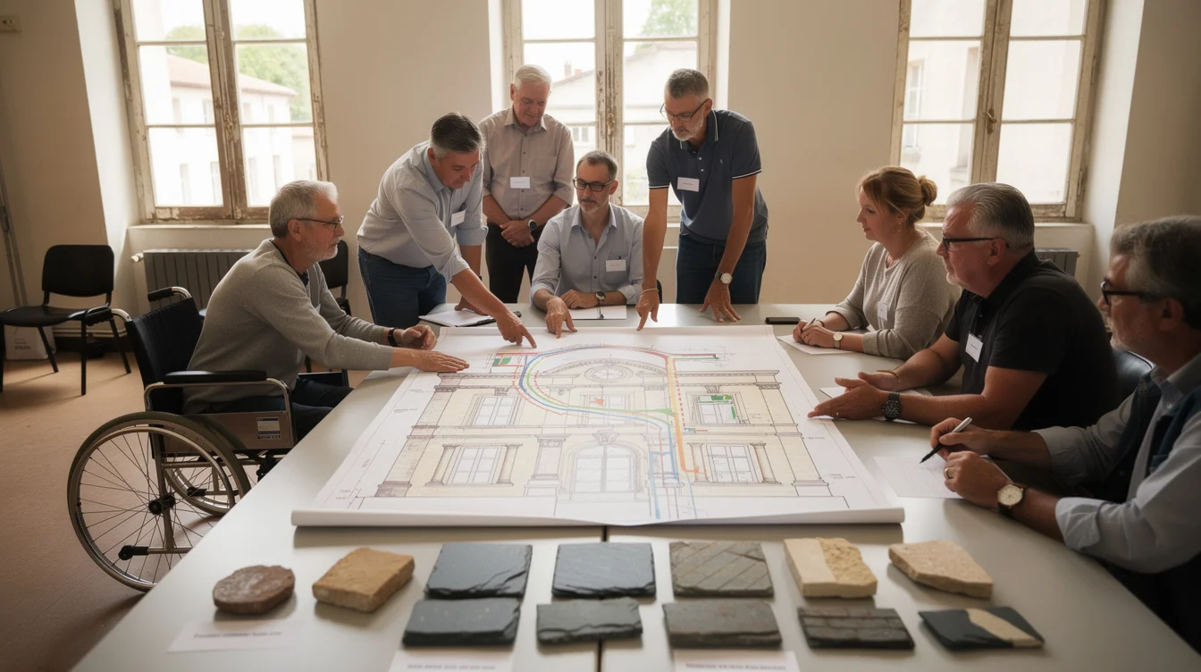 Editorial photograph of a staged public consultation workshop in Limoges, France, about historic civic reconstruction. Residents.