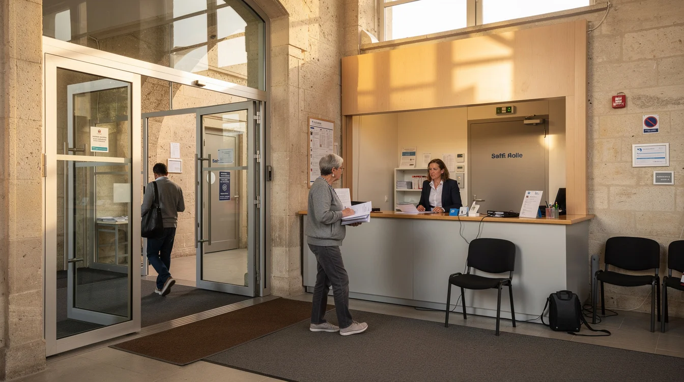 Illustrative editorial photograph inside a generic French municipal entrance, examining the openness debated after the Limoges.