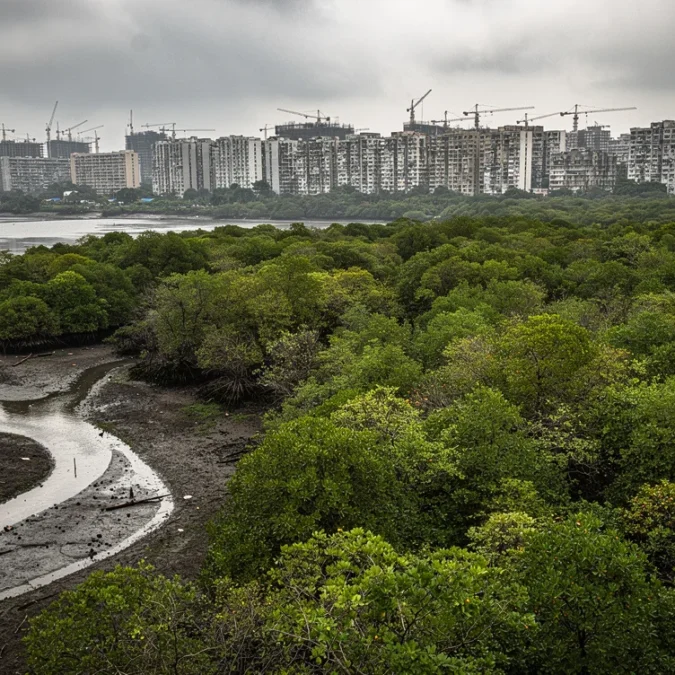 Editorial photograph of the Thane Creek shoreline in metropolitan Mumbai, India, viewed obliquely from an elevated.