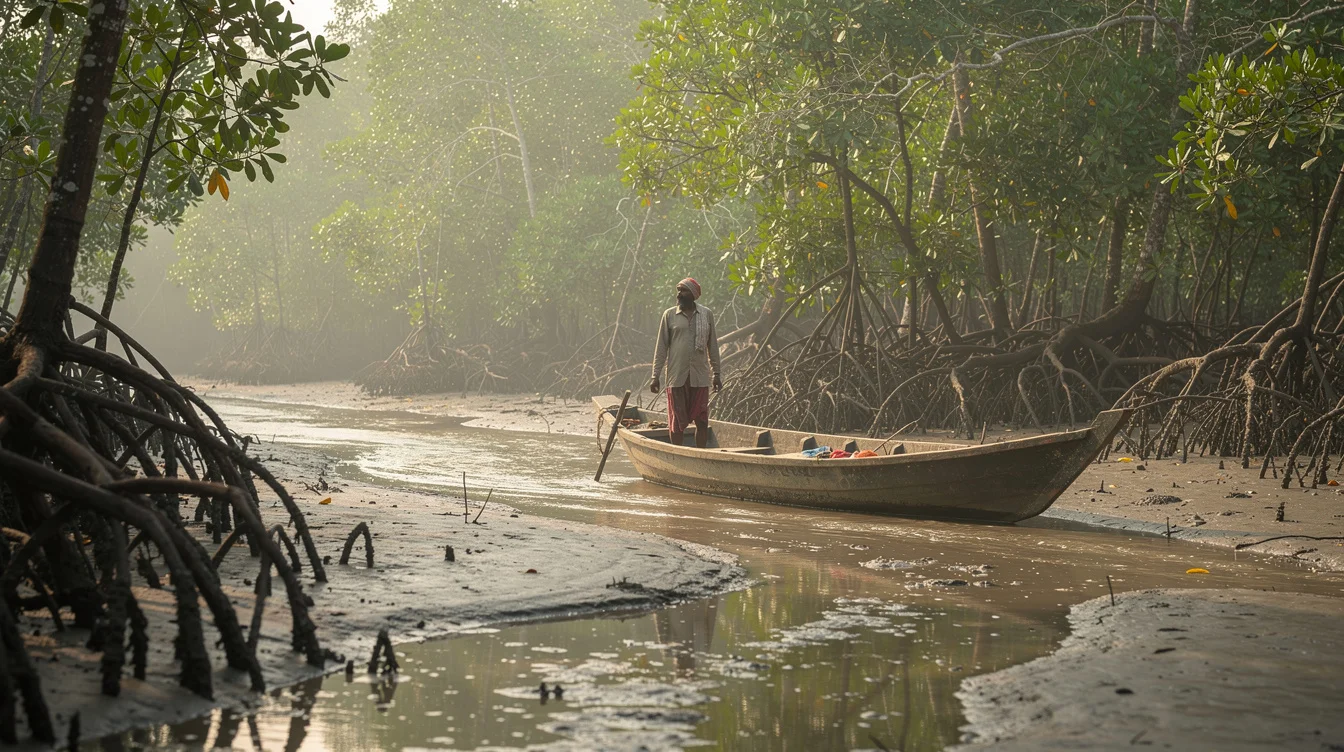 Ground-level editorial photograph in an Odisha mangrove estuary, India, at low tide. A local boat operator.