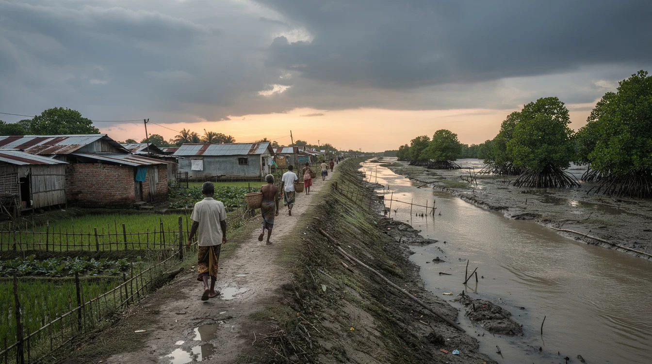 Documentary editorial photograph on an inhabited island in the Indian Sundarbans. Residents walk along an earthen.