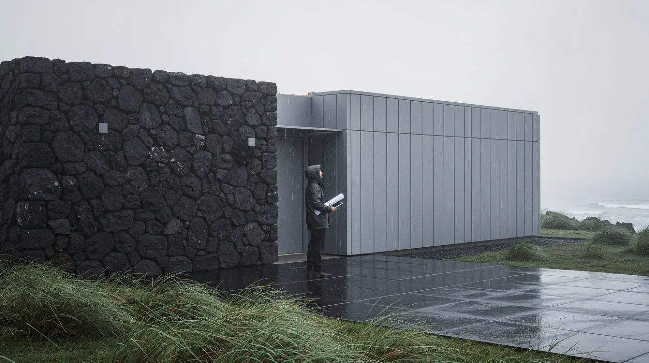 Editorial architectural photograph of a modest coastal home in the Azores, a contemporary prefabricated addition meeting.
