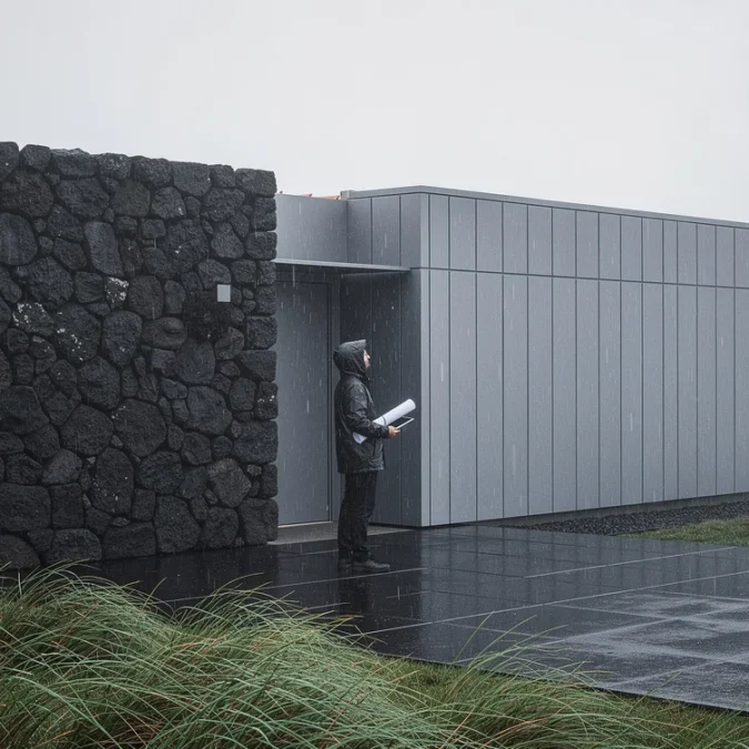 Editorial architectural photograph of a modest coastal home in the Azores, a contemporary prefabricated addition meeting.