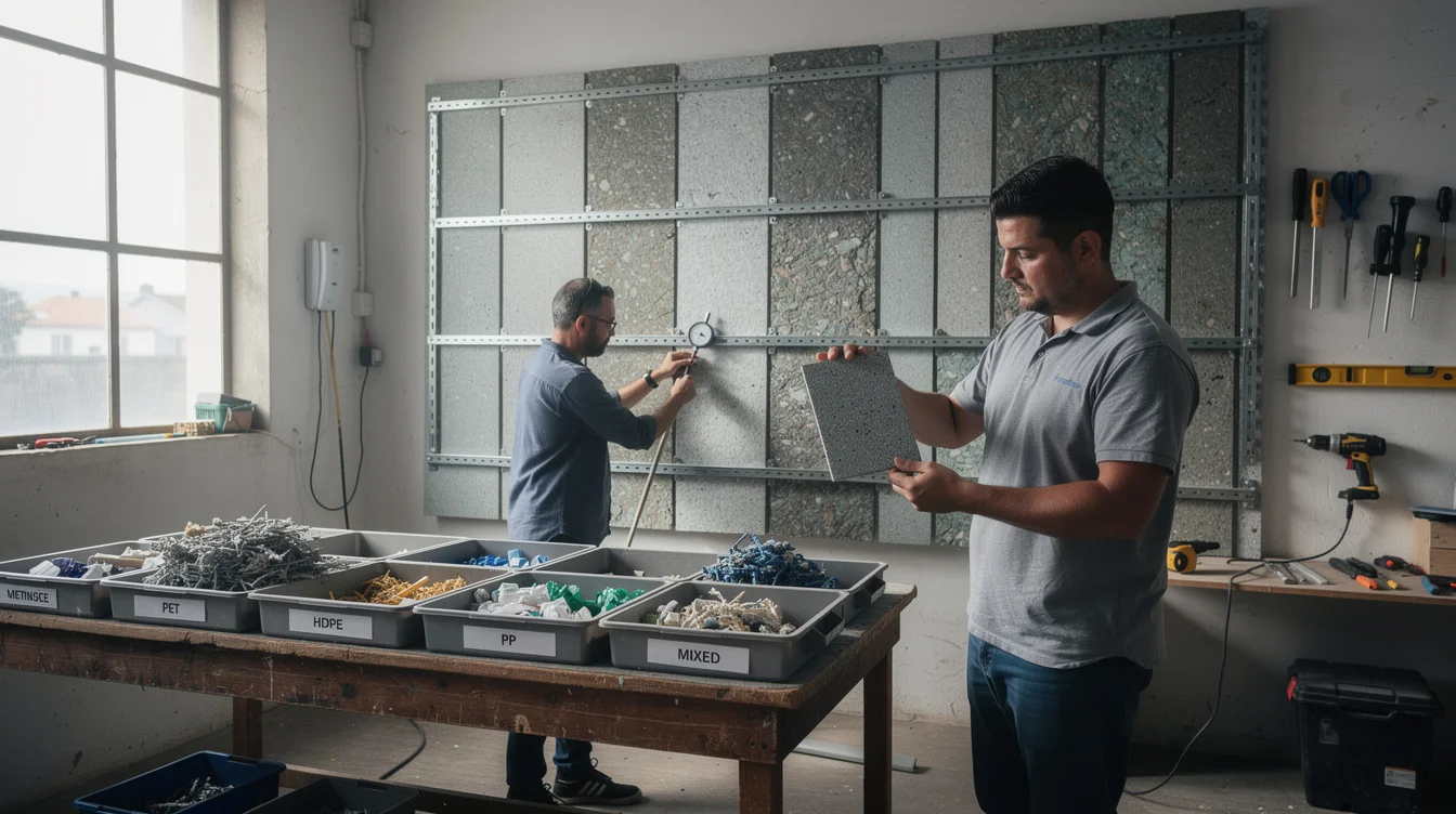 Editorial photograph inside a small fabrication workshop in the Azores, where a technician holds a recycled-plastic.