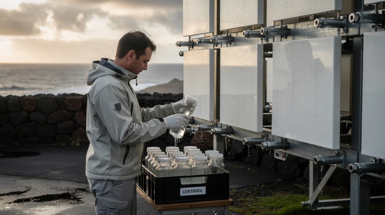 Editorial fieldwork photograph beside a coastal facade test rack in the Azores after rain. A researcher.