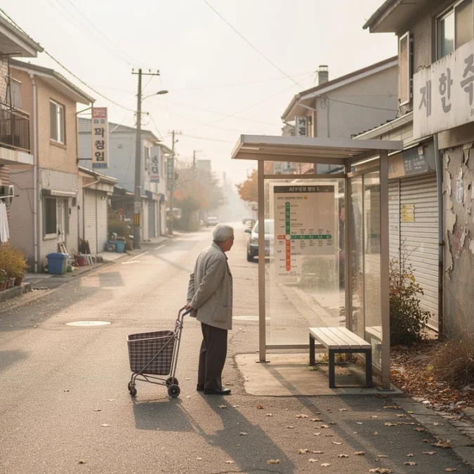 Editorial photograph of an aging residential neighborhood in a provincial South Korean city, addressing the urban.