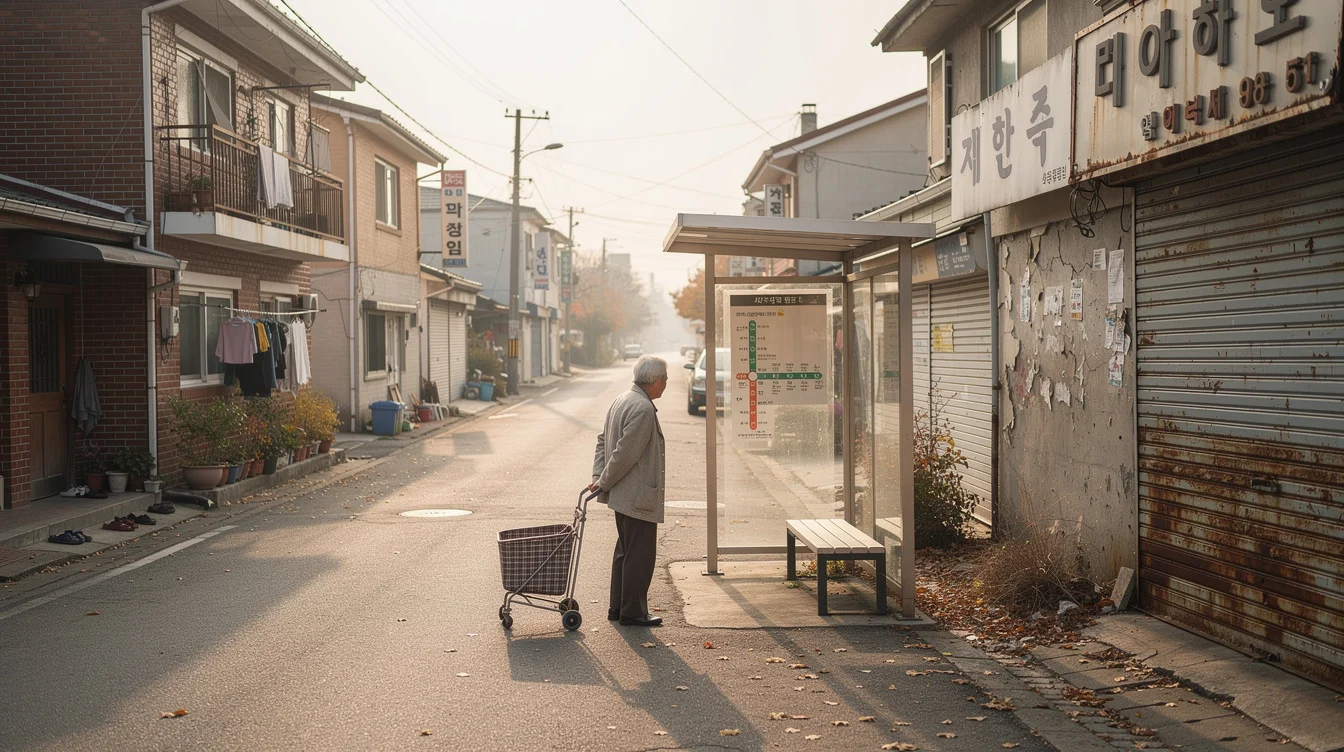 Editorial photograph of an aging residential neighborhood in a provincial South Korean city, addressing the urban.
