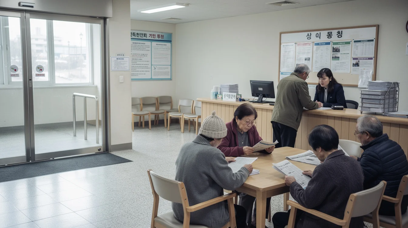 Editorial photograph inside a modest neighborhood public-service center in South Korea, illustrating shared infrastructure in.