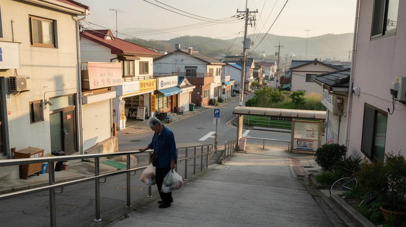 Editorial street photograph in a hilly provincial South Korean neighborhood, showing the practical geography of service.