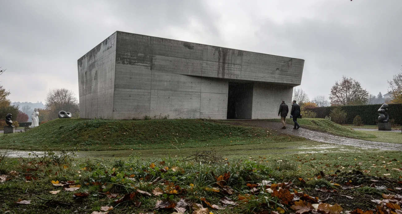Editorial photograph of a monolithic concrete art pavilion on a grassy mound in a sculpture garden.