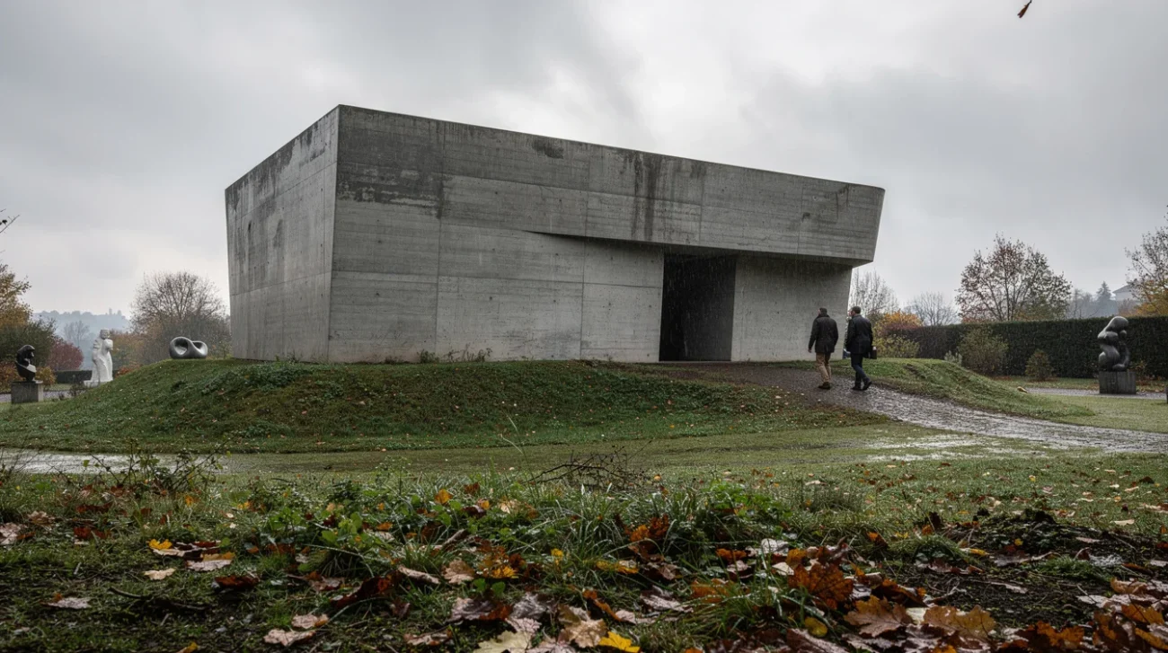 Editorial photograph of a monolithic concrete art pavilion on a grassy mound in a sculpture garden.