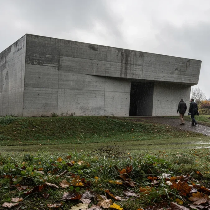 Editorial photograph of a monolithic concrete art pavilion on a grassy mound in a sculpture garden.