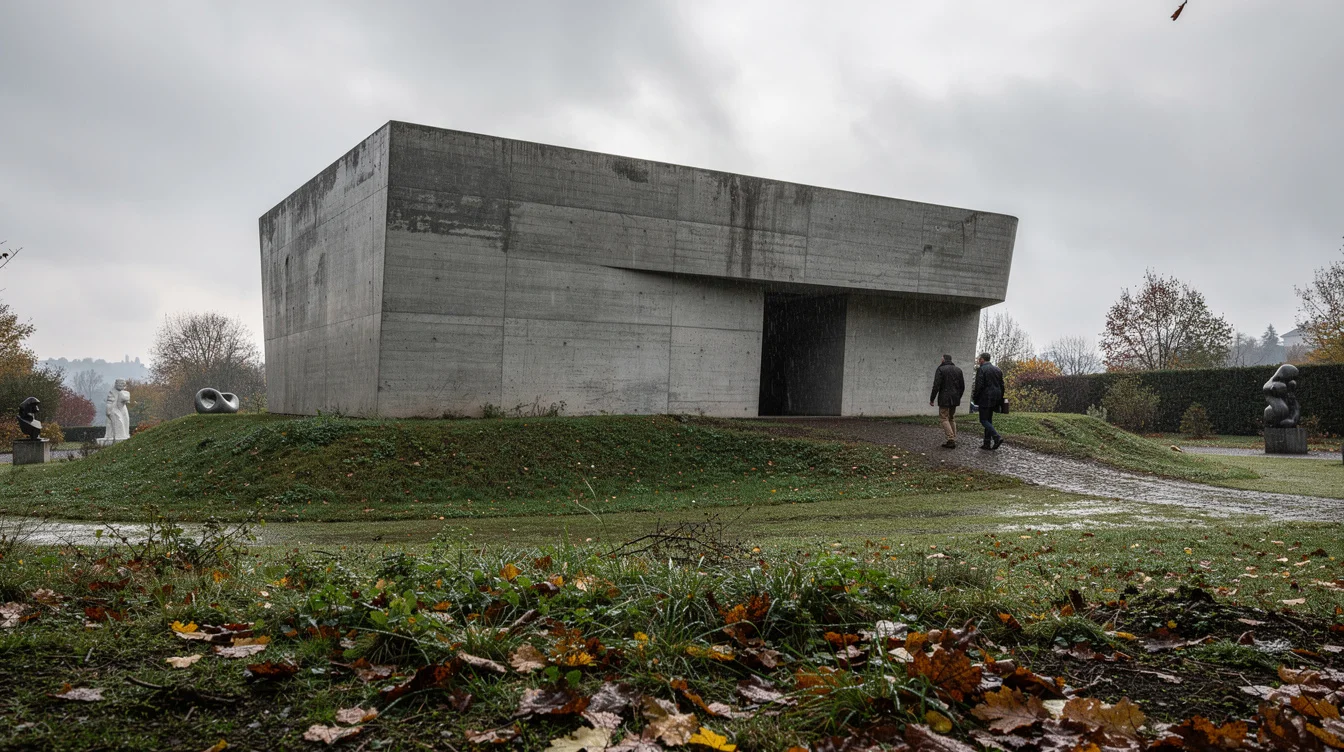 Editorial photograph of a monolithic concrete art pavilion on a grassy mound in a sculpture garden.