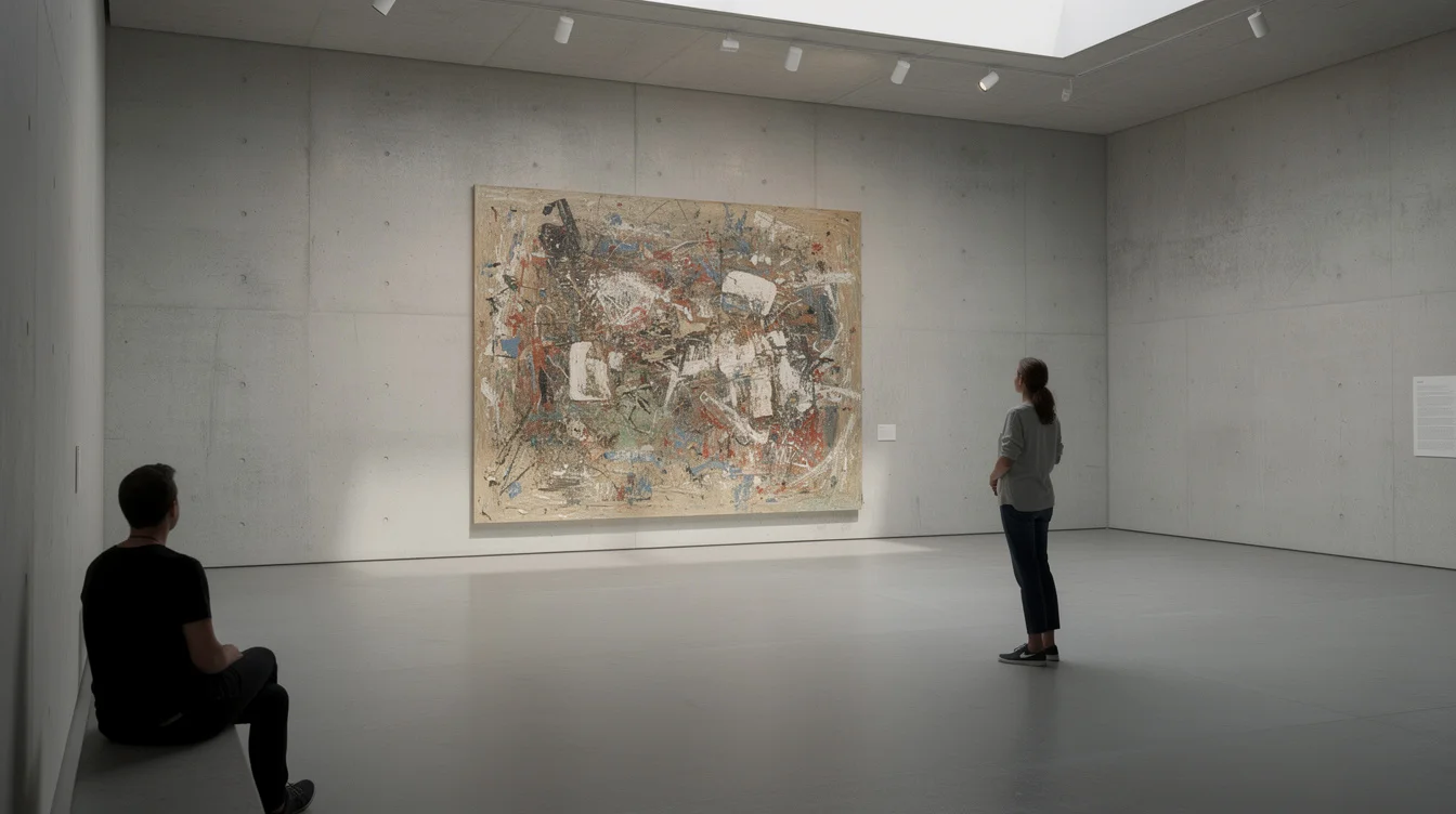 Editorial photograph inside an illustrative concrete gallery in Germany devoted to one large, heavily textured abstract.