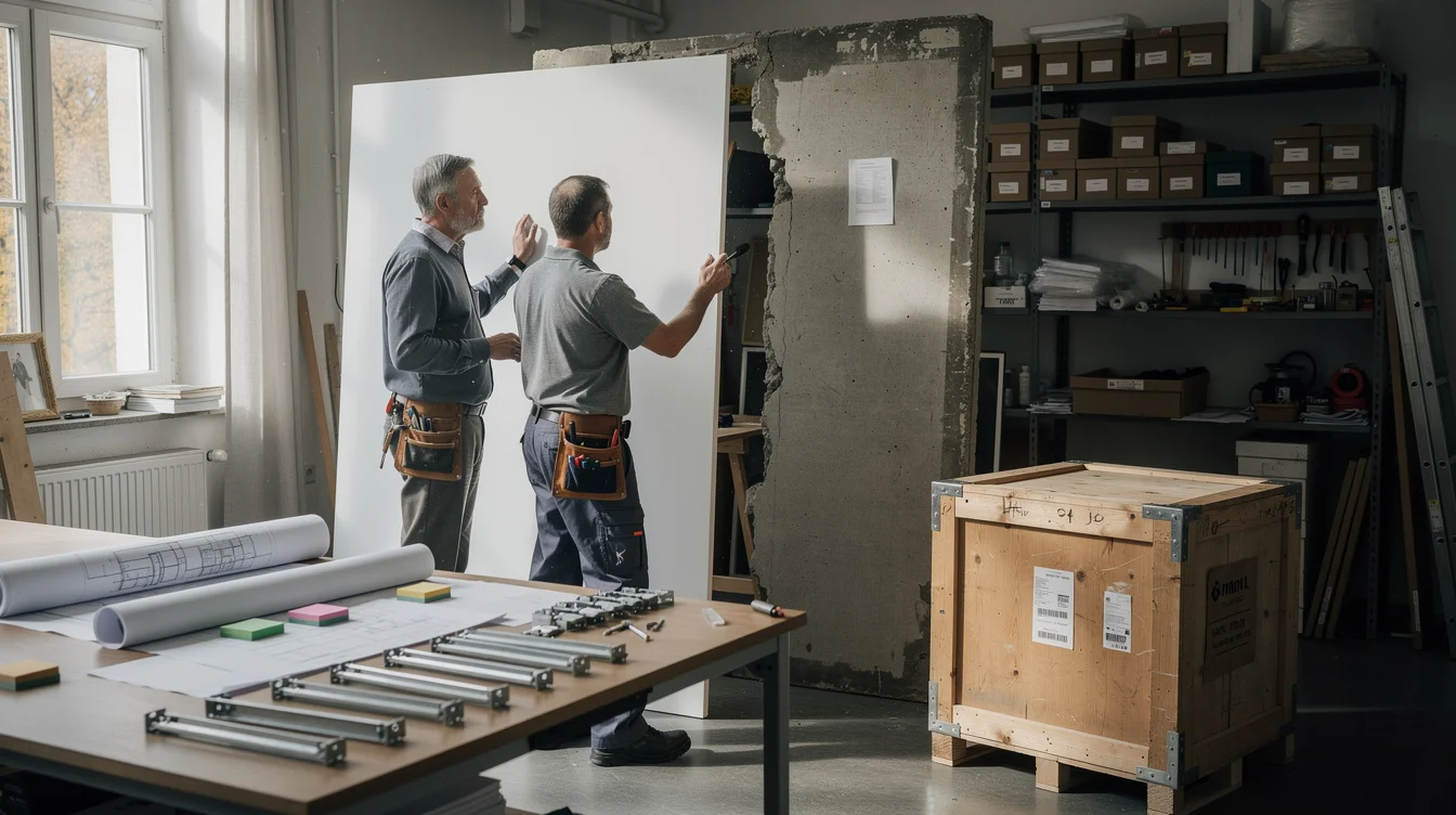 Editorial photograph in a German museum preparation workshop, where a curator and an architectural conservator examine.