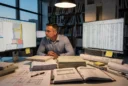 Editorial photograph inside a working architecture studio at dusk: an architect studies a BIM wall assembly.