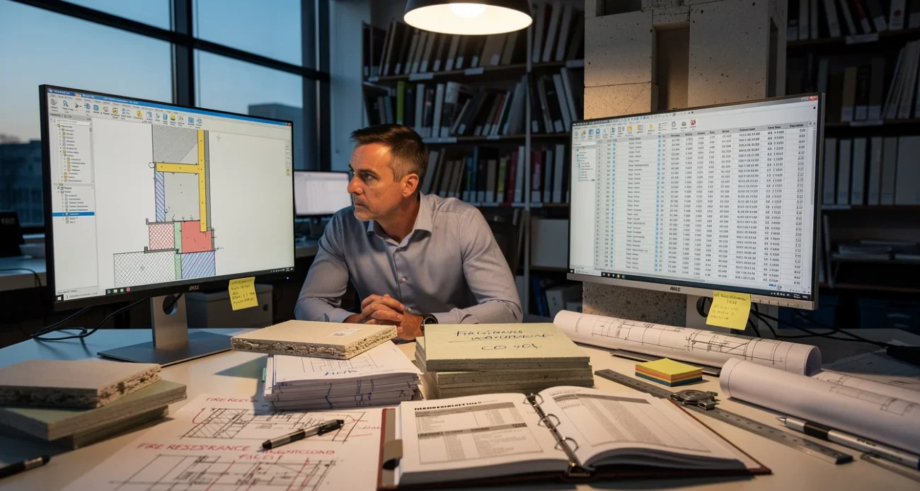 Editorial photograph inside a working architecture studio at dusk: an architect studies a BIM wall assembly.