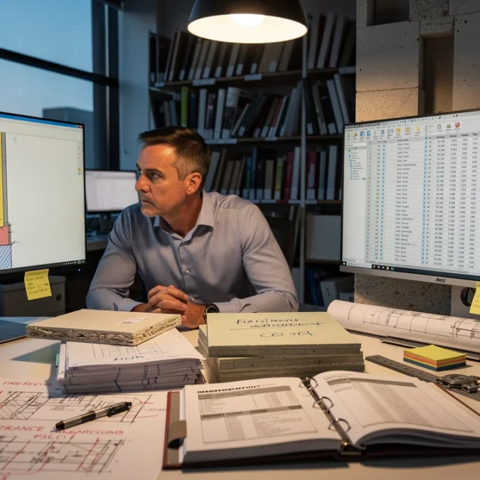 Editorial photograph inside a working architecture studio at dusk: an architect studies a BIM wall assembly.