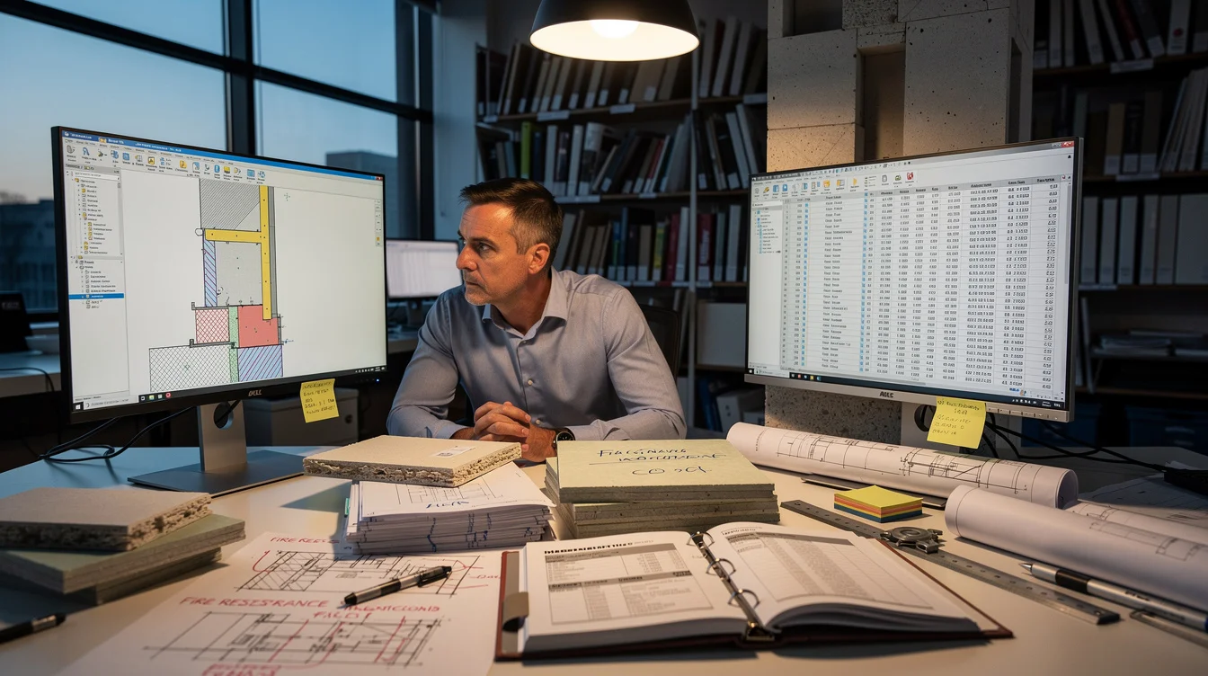 Editorial photograph inside a working architecture studio at dusk: an architect studies a BIM wall assembly.