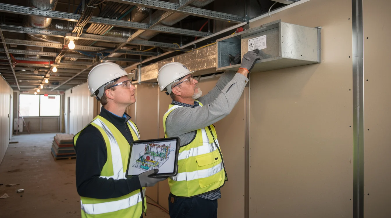 Editorial photograph in an unfinished hospital service corridor, where a facilities engineer and construction supervisor inspect.
