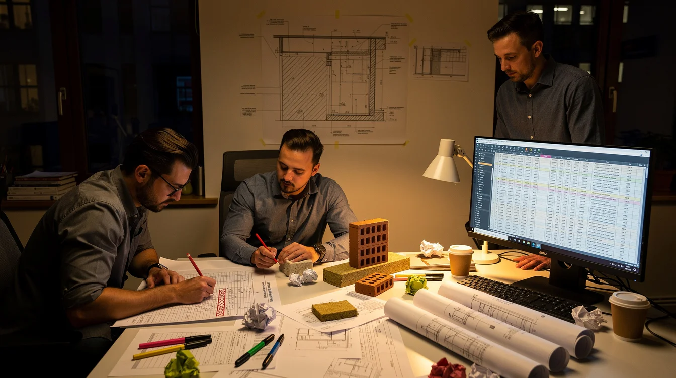 Editorial photograph of a late-evening BIM coordination session in a modest architecture office. Three designers compare.