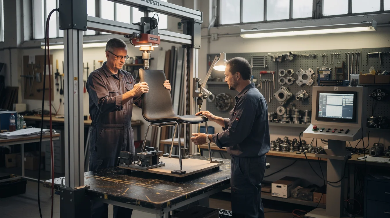 Editorial photograph in a German furniture-testing workshop: a technician positions an experimental chair beneath a mechanical.