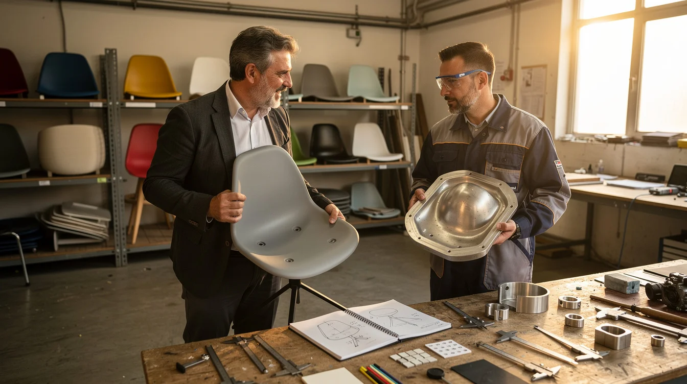 Editorial photograph in a small Italian furniture manufacturer’s development workshop, where a designer and tooling specialist.