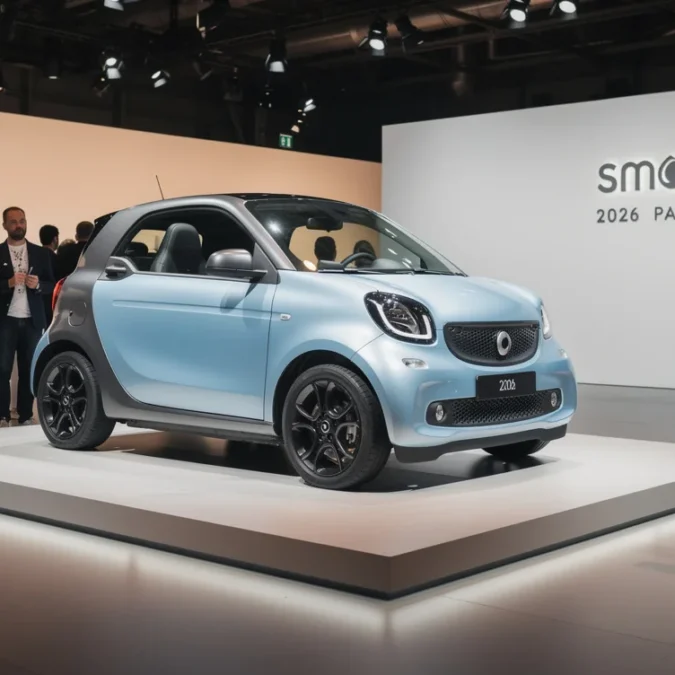 Editorial photograph of the Smart #2 EV on display at the 2026 Paris Motor Show, using.