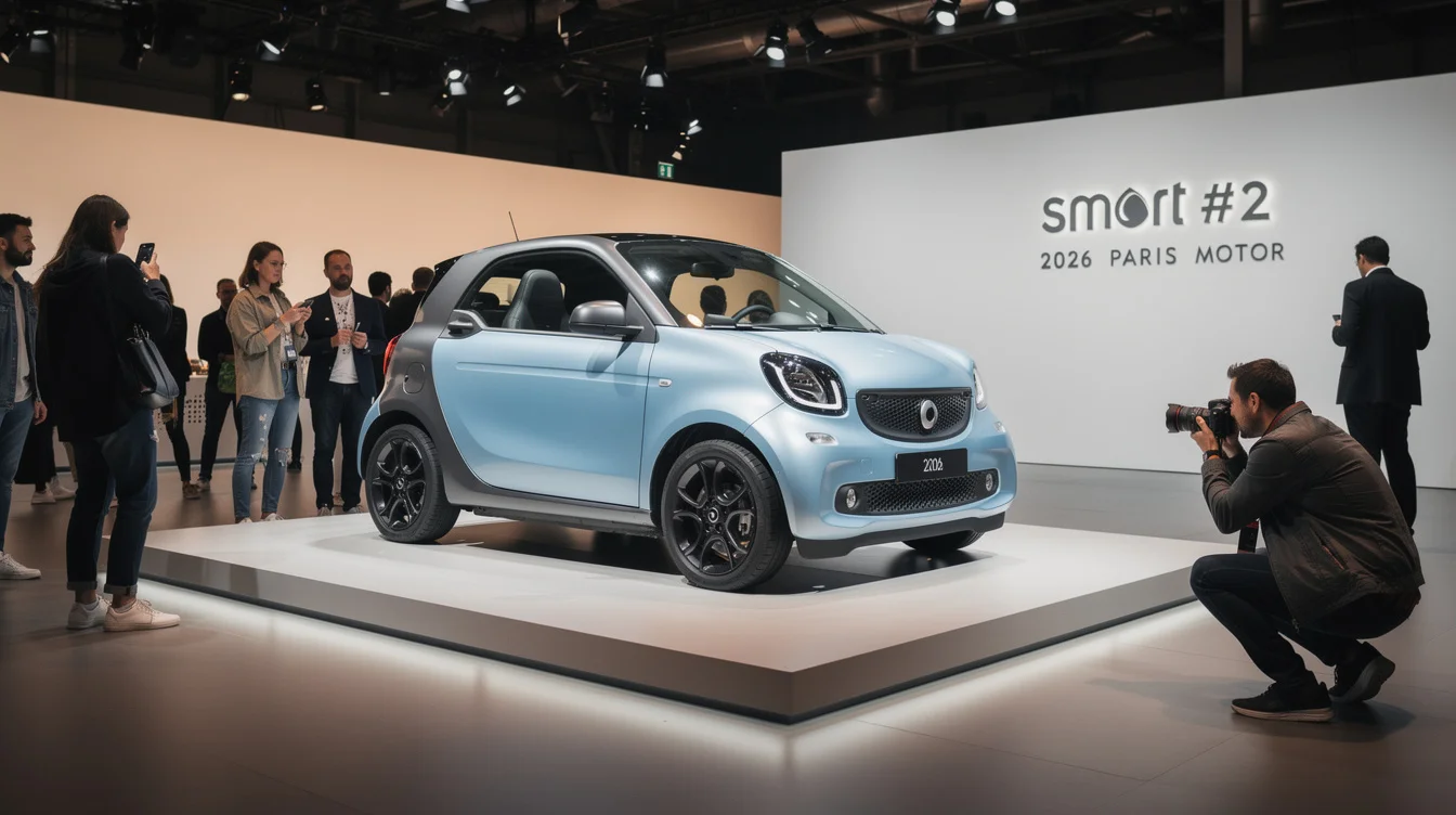 Editorial photograph of the Smart #2 EV on display at the 2026 Paris Motor Show, using.