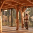 Editorial photograph inside a contemporary timber cabin in a Scandinavian spruce forest, featuring debarked spruce trunks.