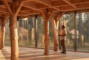 Editorial photograph inside a contemporary timber cabin in a Scandinavian spruce forest, featuring debarked spruce trunks.