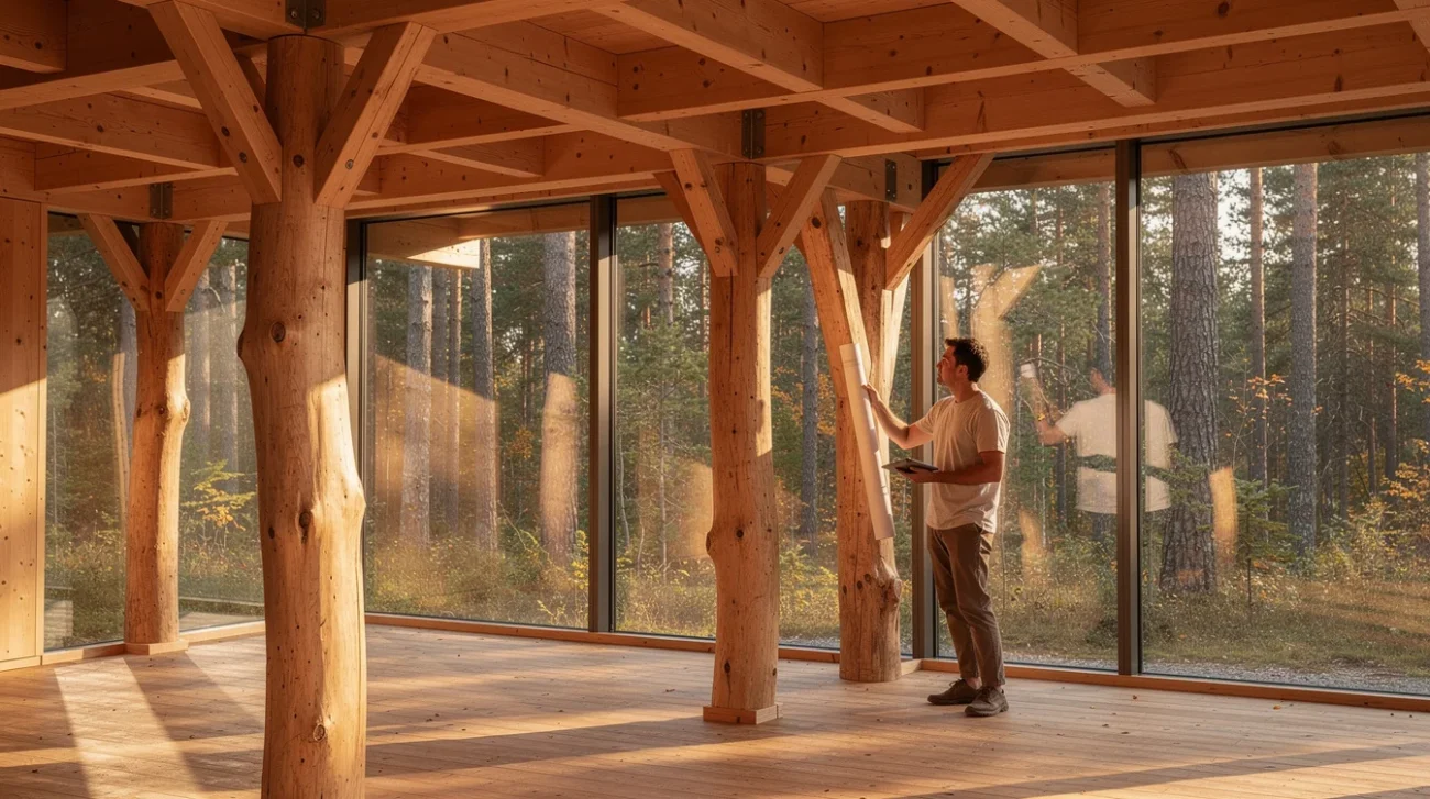 Editorial photograph inside a contemporary timber cabin in a Scandinavian spruce forest, featuring debarked spruce trunks.