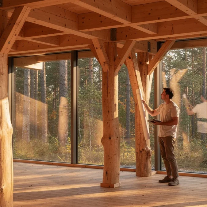 Editorial photograph inside a contemporary timber cabin in a Scandinavian spruce forest, featuring debarked spruce trunks.